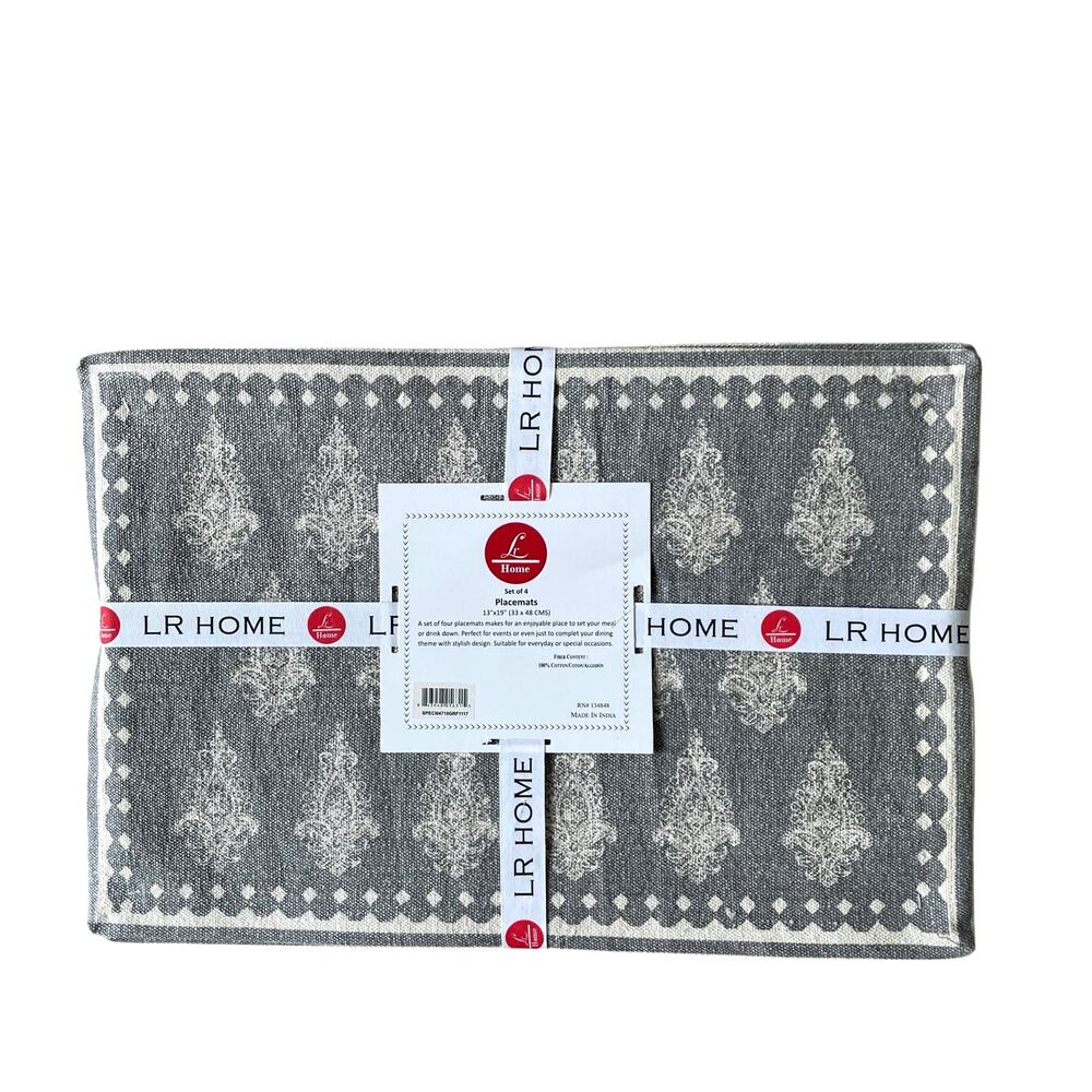 LR HOME Damask Print Placemats 13x19 Cotton Gray & Cream Set of 4 NEW